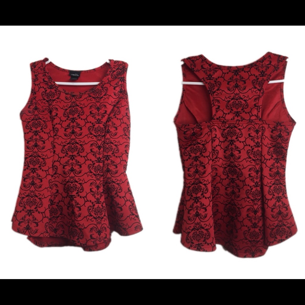 Red peplum top with black Flower pattern